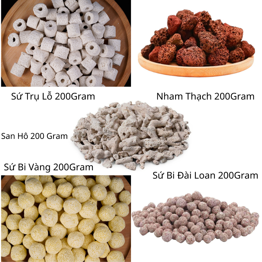 [Combo 1000g] 5 loại vật liệu lọc hồ cá – sứ bi vàng, sứ bi Đài Loan, sứ trụ lỗ, san hô, nham thạch