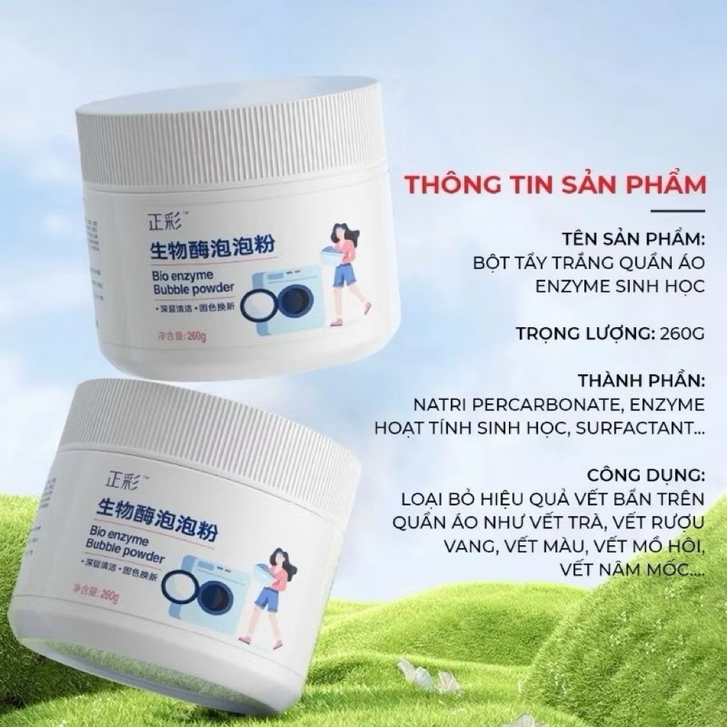 Bột tẩy trắng quần áo enzym  sinh học, đánh bay vết bẩn khử ố vàng,sạch giầy dép, an toàn cho da