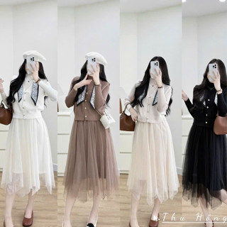  Set váy bầu len áo gile kèm váy len phối voan dáng dài maxi tiểu thư mùa đông bánh bèo 