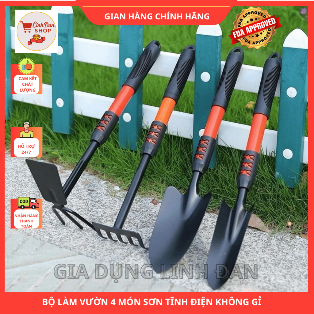 Bộ Làm Vườn 4 Món Bộ Dụng Cụ Làm Vườn Cuốc Xẻng Cào