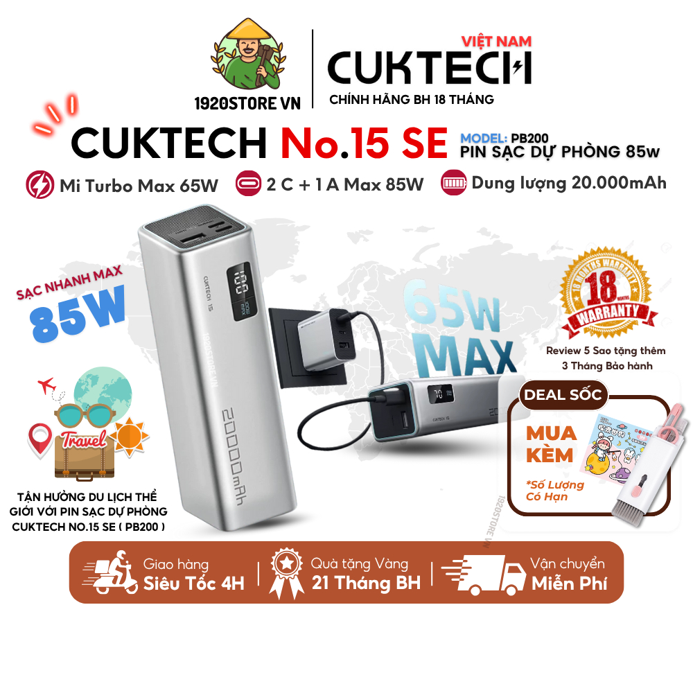 Sạc Dự Phòng CUKTECH 15 SE - PB200, Sạc Nhanh 2C1A 85W, Mi Turbo 65W, Dung Lượng 20000mAh - Chính Hã