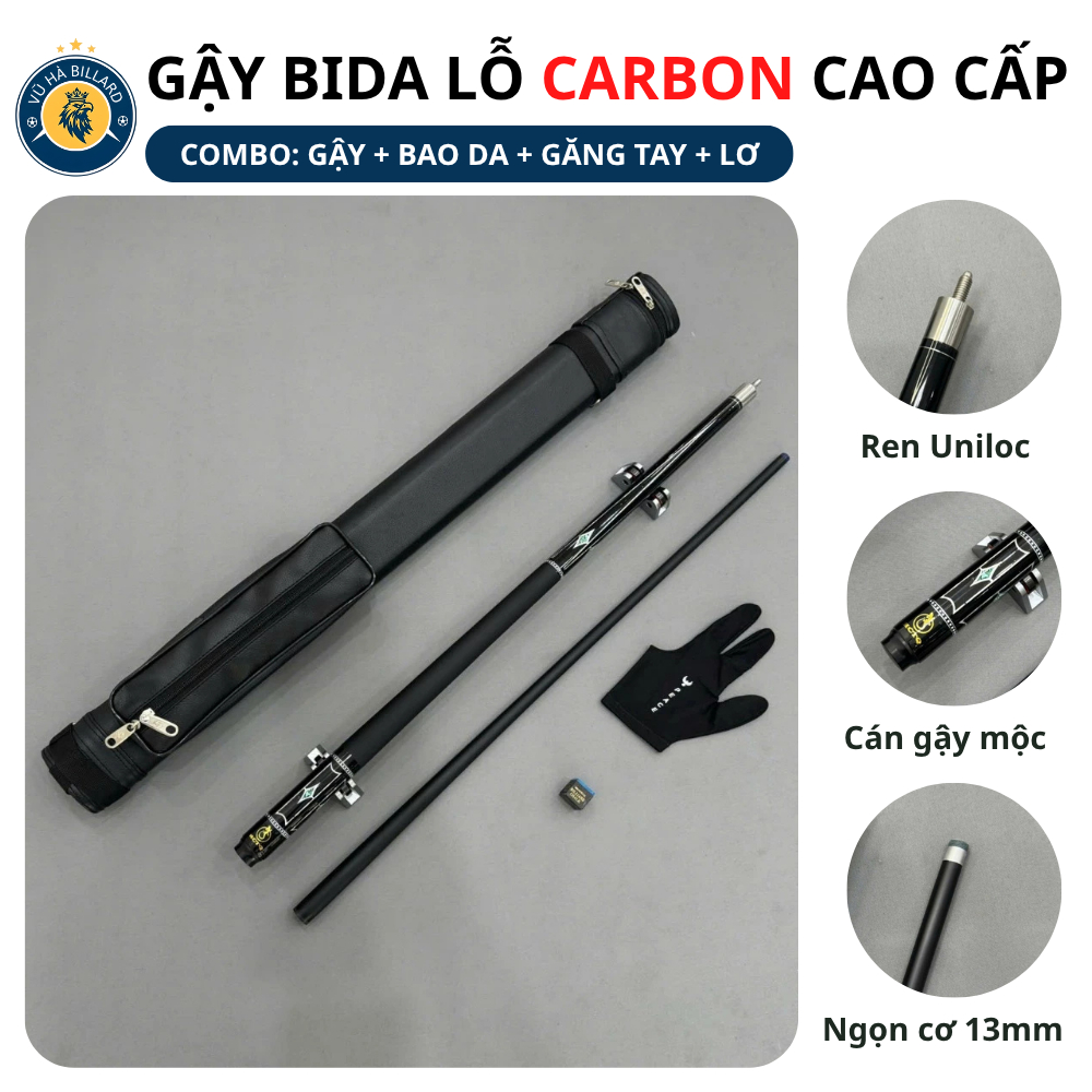 Gậy Cơ Bida Lỗ Ngọn Phủ Carbon Ren Uniloc Cao Cấp - Đầu Cơ 13mm, Cán Gậy Mộc [Combo Bao+Cơ+Găng+Lơ]
