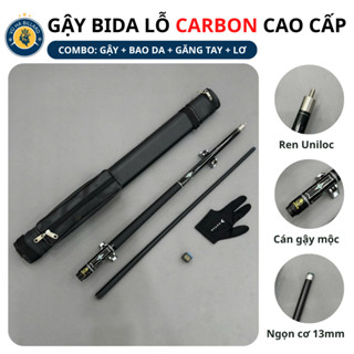  Gậy Cơ Bida Lỗ Ngọn Phủ Carbon Ren Uniloc Cao Cấp - Đầu Cơ 13mm Cán Gậy Mộc  Combo Bao+Cơ+Găng+Lơ  