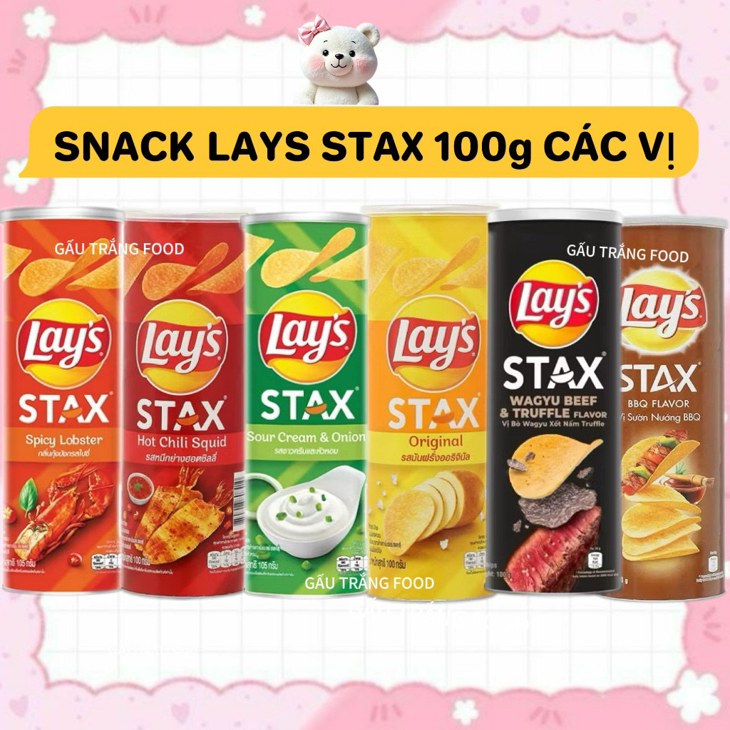 Snack Khoai Tây Lát Lays Stax lon 100g và 150g đủ vị bim bim ống ăn vặt