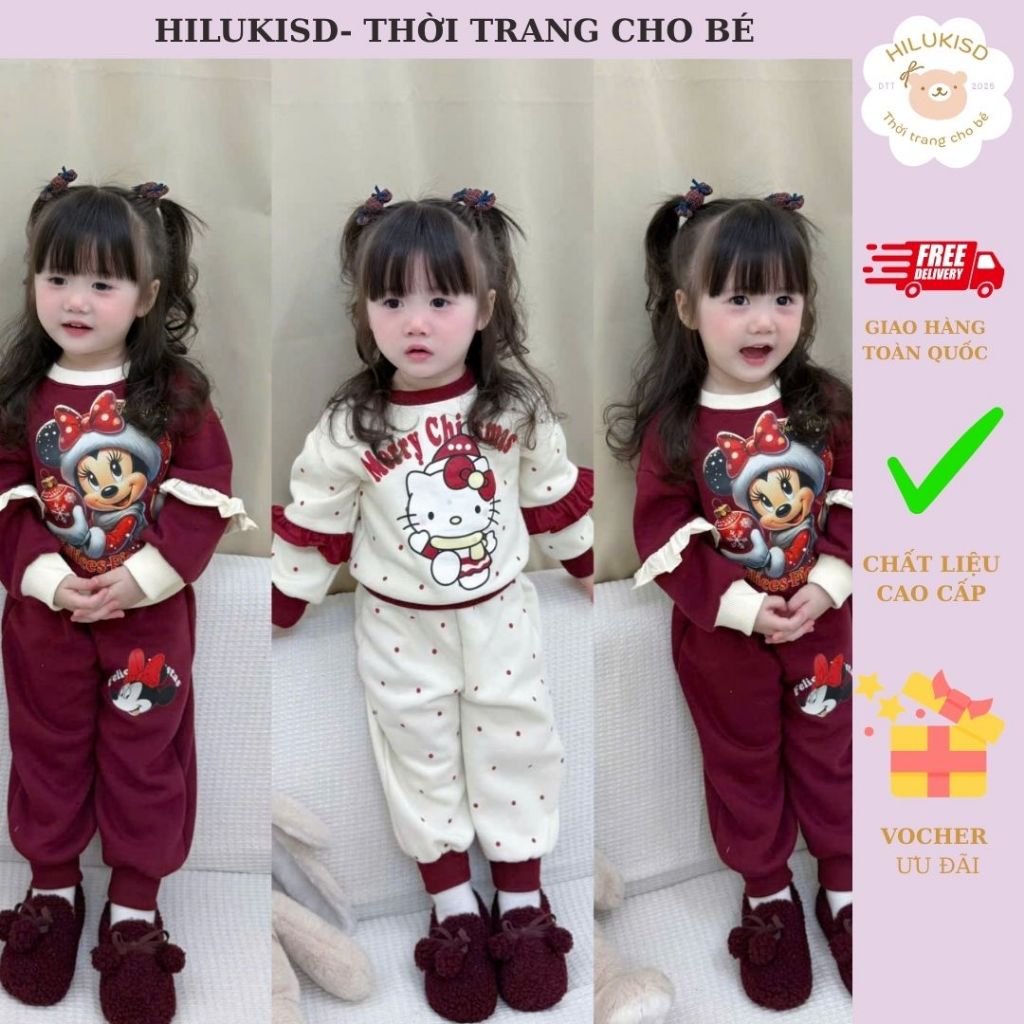 HILUKISD SÉT BỘ NỈ IN HÌNH HELLO KITTY – MICKEY TONE ĐỎ TRẮNG KEM TAY BÈO PHA VIỀN CHO BÉ GÁI ĐIỆU Đ