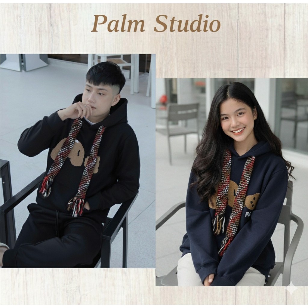 Áo Hoodie Unisex Palm Teddy Bear Phối Dây Len Thêu Gấu Nâu Dễ Thương HELEN'S