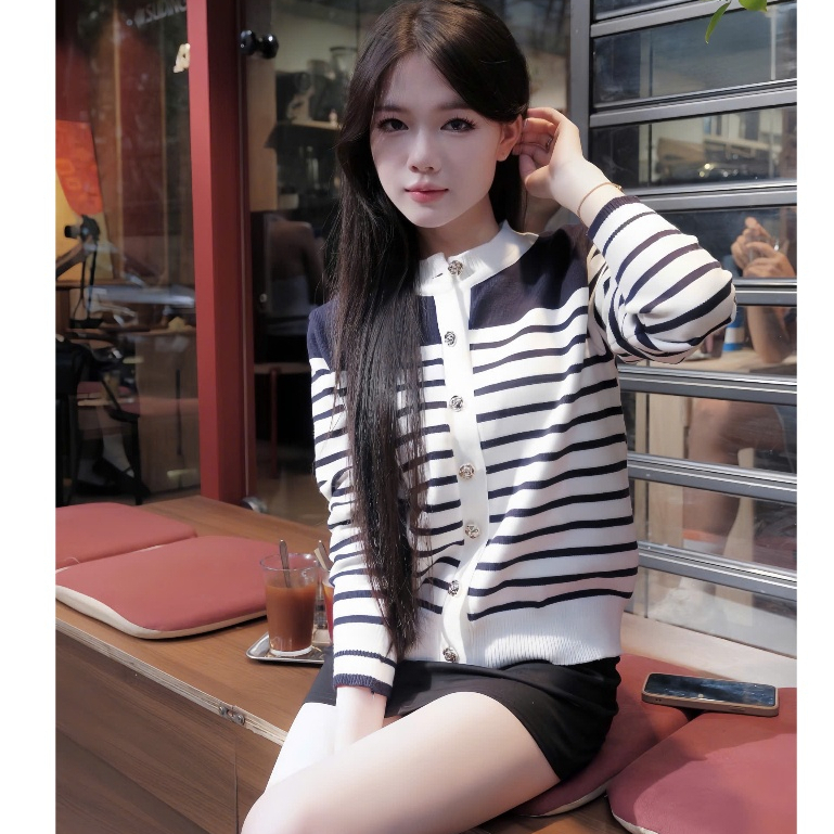 Áo Cardigan Stripe LotusButton L01– Dệt Kim Mềm, Dáng Nữ Tính JEANSHOP