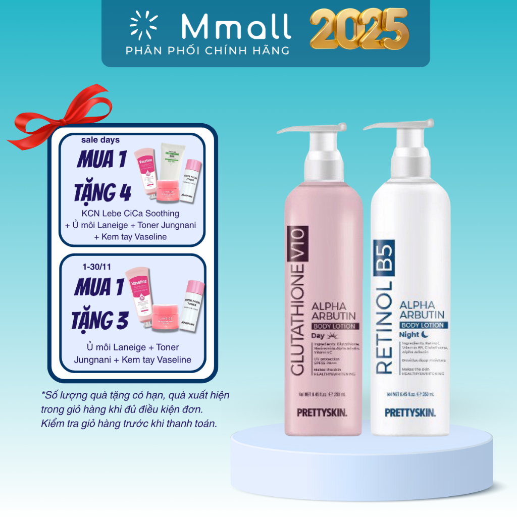 (HSD: 2/2026) Kem body trắng da PrettySkin Body Lotion Glutathione Retinol B5 dưỡng trắng nâng tone 