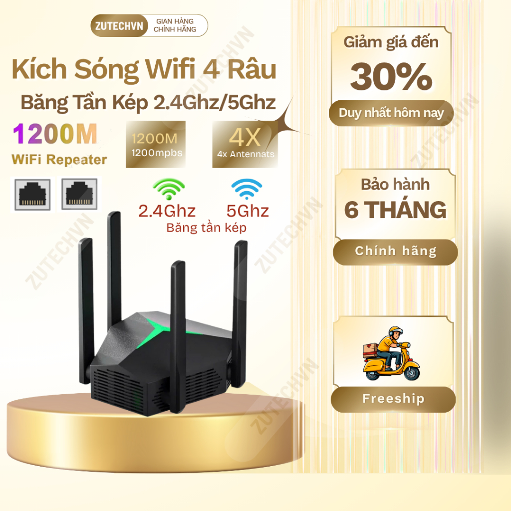 Bộ kích Sóng WiFi 4 Râu 2 Cổng Lan, 2 băng tần kép 2.4ghz/5ghz, Ba Chế Độ Mở Rộng Wifi Cực Mạnh, Tốc Độ Ổn Định.