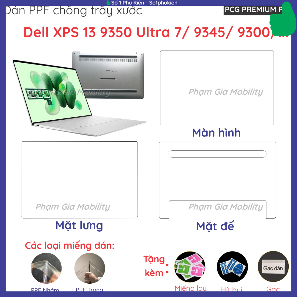 Dán màn hình, mặt lưng, mặt đế laptop Dell XPS 13 9350 (P54G) Ultra 7/ 9345/ 9300 loại PPF trong, nh