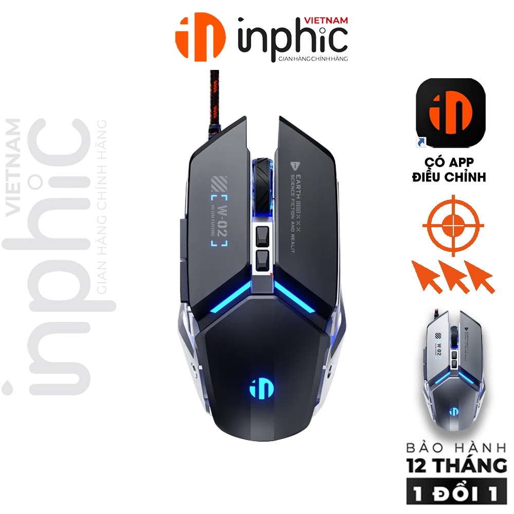Chuột có dây gaming INPHIC W2 silent chống ồn có app 7 nút bấm cho laptop máy tính có app 8800 DPI