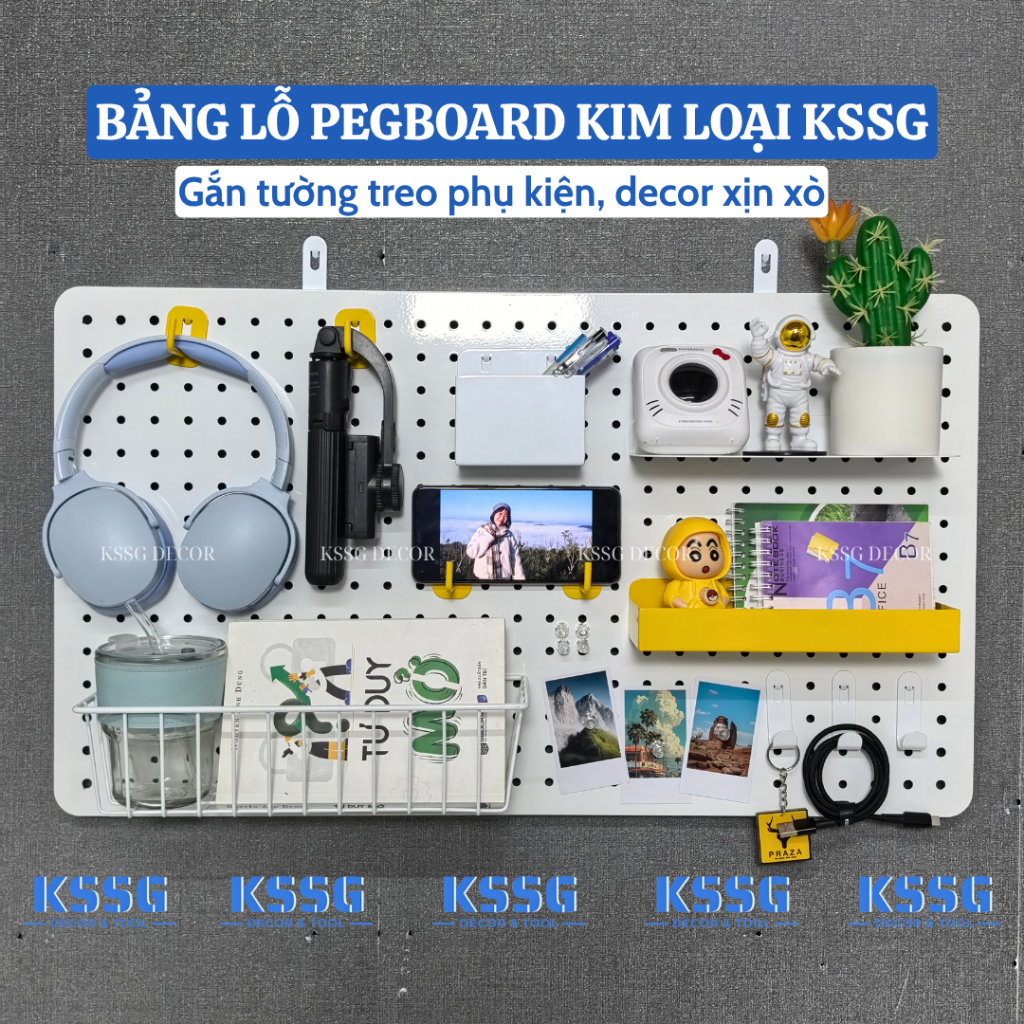 Bảng lỗ Pegboard Kim Loại Gắn Tường Treo Phụ Kiện Decor Góc Học Tập, Bảng Treo Đồ Pegboard Gắn Tường