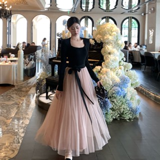  Váy thiết kế công chúa Trayce dài tay cổ vuông buộc nơ eo xinh dáng dài xoè tôn dáng nữ mặc dự tiệc đi chơi ăn cưới 