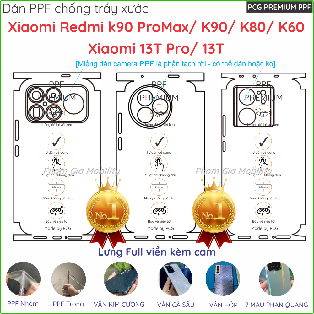 Dán PPF mặt lưng FULL VIỀN dành cho Xiaomi Redmi K90 K80 K60 Pro Max PM Ultra/ Xiaomi 13T Pro trong,