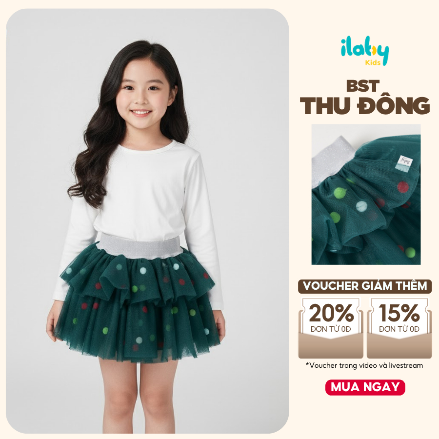 Chân váy bé gái ILABY váy lưới hai tầng có hạt bông váy giáng sinh bé gái dễ thương [3475]