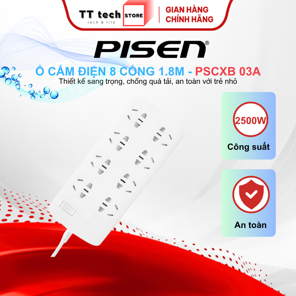 Ổ cắm điện Pisen PSCXN-03A 8 ổ cắm dây dài 1.8M, chống cháy, an toàn cho trẻ nhỏ