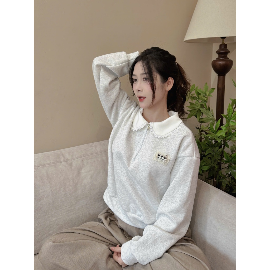 Áo nỉ cổ sen khóa kéo nữ form rộng chất nỉ dày mềm phong cách Hàn Quốc | BigBuy360 - bigbuy360.vn