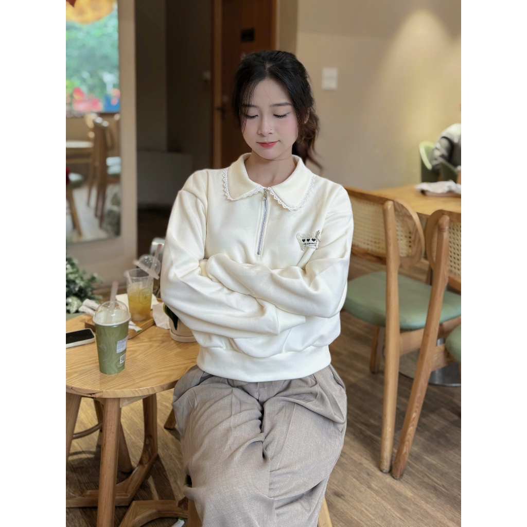 Áo nỉ cổ sen khóa kéo nữ form rộng chất nỉ dày mềm phong cách Hàn Quốc | BigBuy360 - bigbuy360.vn