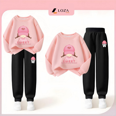 Bộ nỉ bé gái in bé gái SWEET size 18-42kg - Đồ bộ thu đông dài tay cho bé chất nỉ nhung ấm áp Loza Kids BI515