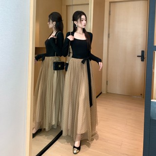  Váy đầm dự tiệc dài tay Trayce dáng dài xoè cổ vuông sang trọng buộc nơ eo cao tôn dáng thanh lịch mặc đi chơi ăn cưới 