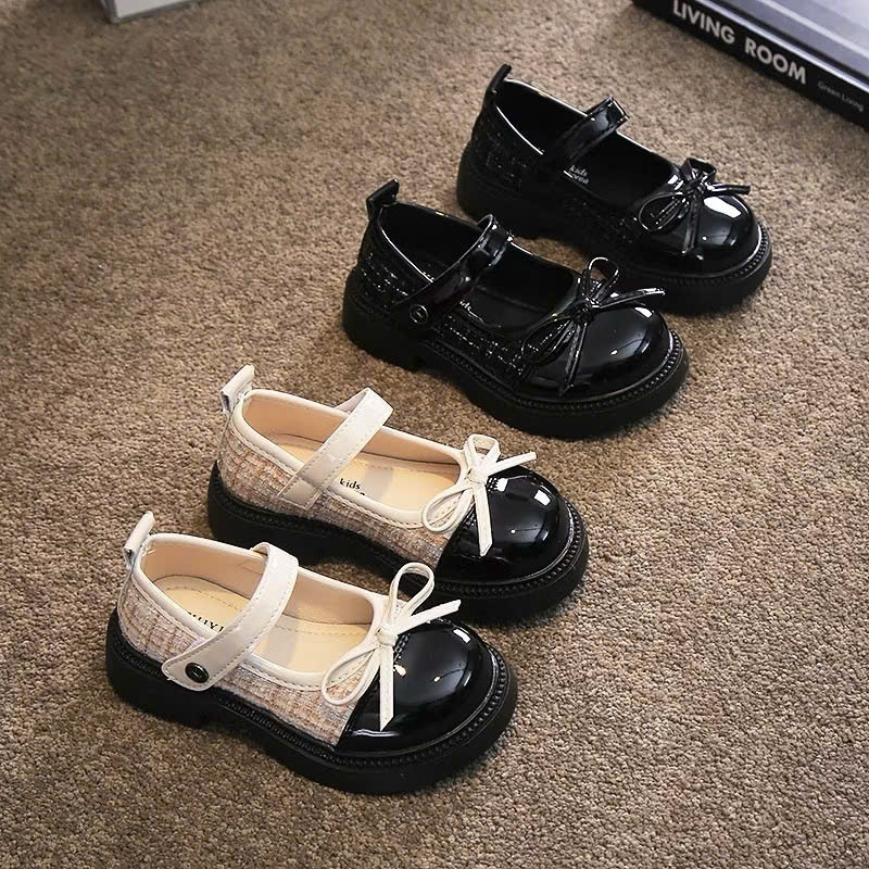 Giày búp bê cho bé gái da bóng phối vải kiểu dáng Vitage phong cách tiểu thư