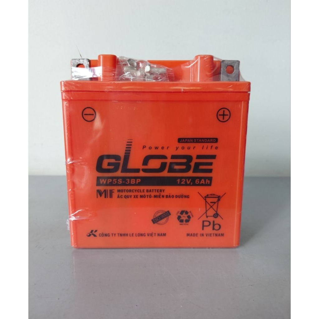 Bình acquy xe máy khô miễn bảo dưỡng Globe WP5S-3BP | 12V - 6Ah