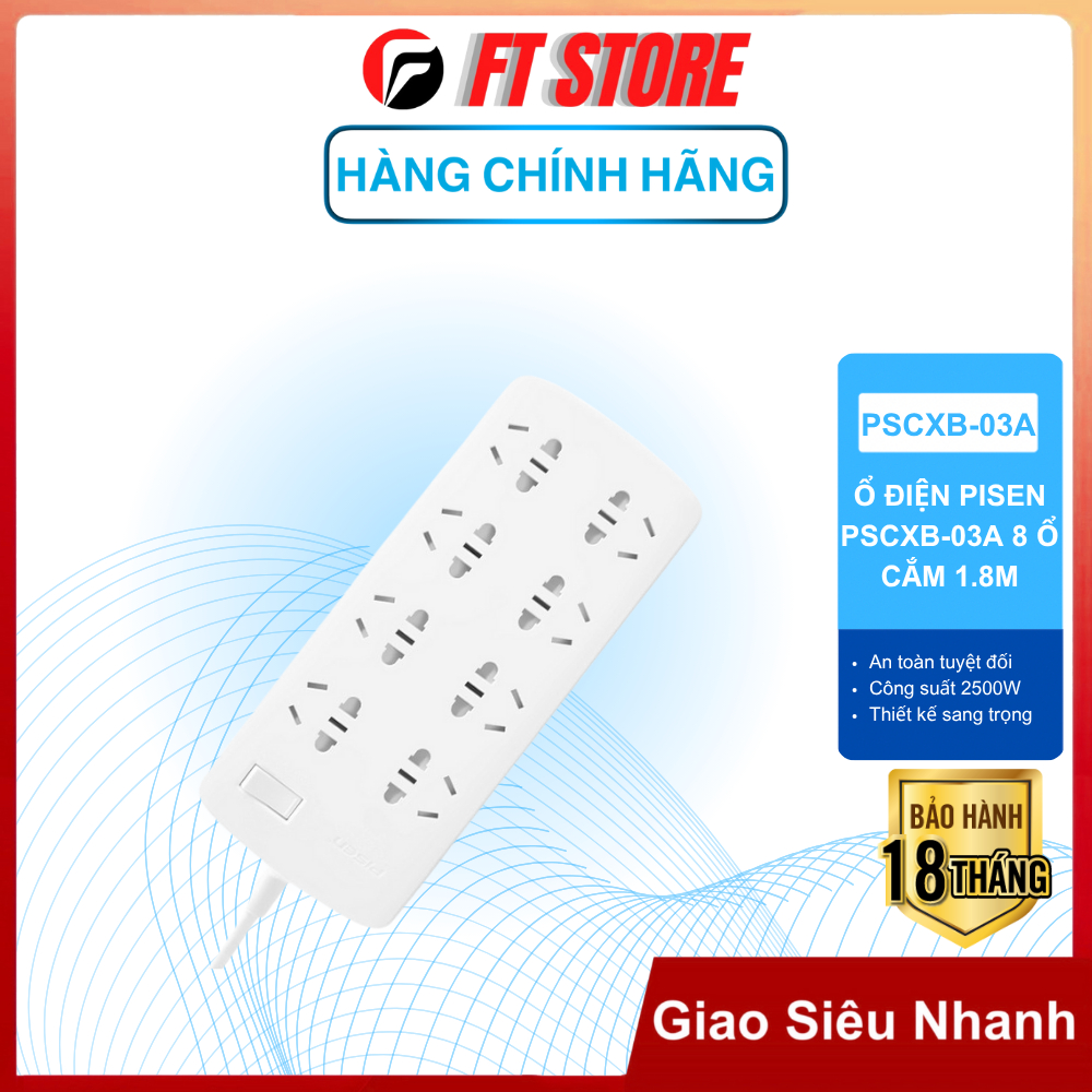 Ổ cắm điện 8 ổ cắm Pisen PSCXN-03A 2500W dây dài 1.8M, chống cháy, an toàn cho trẻ em