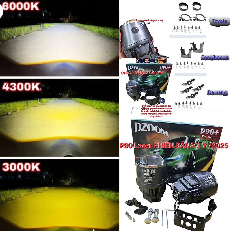 Đèn Bi gầm 3màu 3inch, trợ sáng P90 PRO LASER PHIÊN BẢN V3  70W/ 1 BÓNG  mẫu mới 2025 (giá 1 bóng)