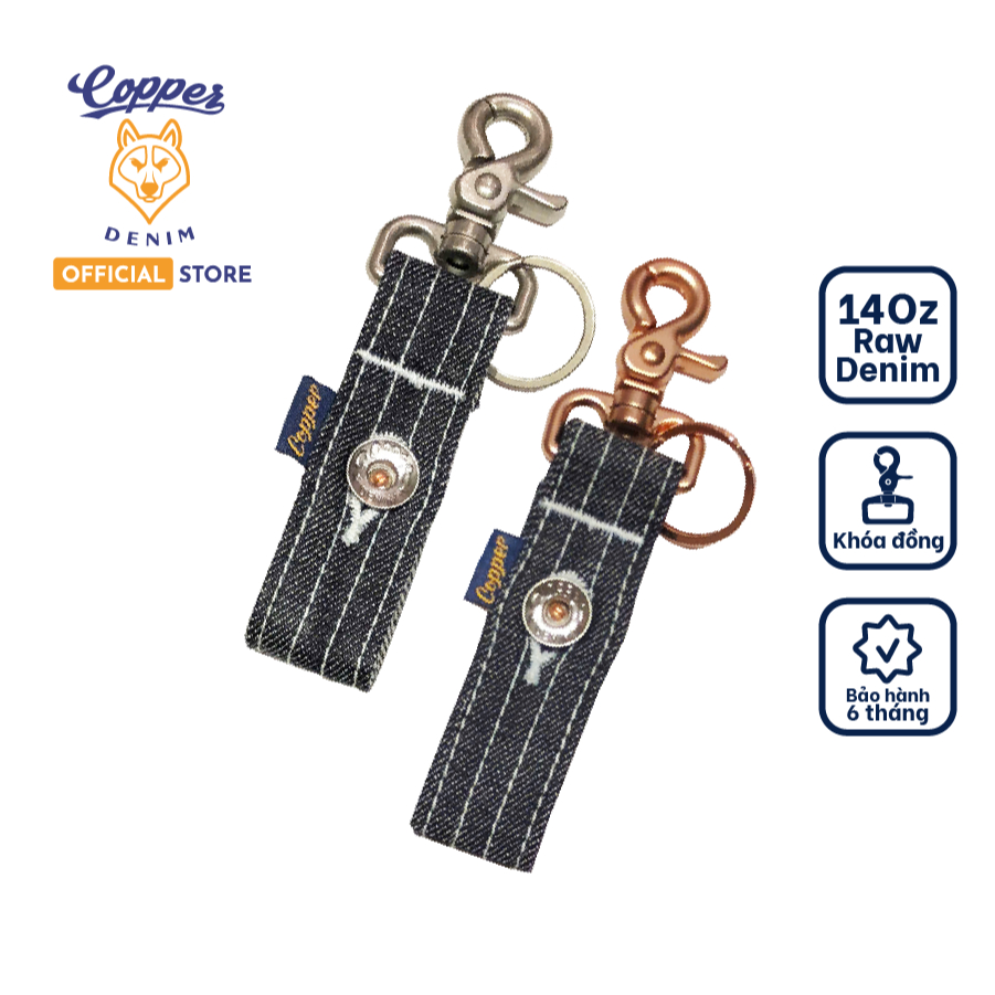 Móc Khóa Denim/Jeans 14 oz - raw denim, móc bạc/đồng, màu xanh đậm - Copper Denim