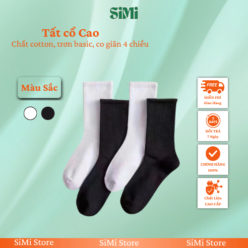 Tất nam cổ cao SiMi chất cotton, Vớ dài nam nữ trơn basic co giãn bốn chiều phong cách unisex Hàn Qu