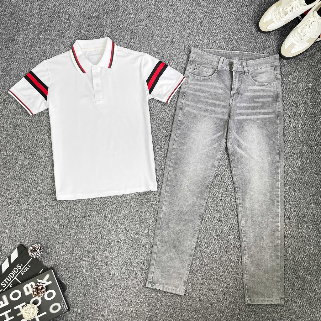 COMBO ÁO TRẮNG POLO NAM TAY NGẮN PHỐI QUẦN JEAN XÁM TRƠN DÀI, FORM ĐẸP THOẢI MÁI DI CHUYỂN