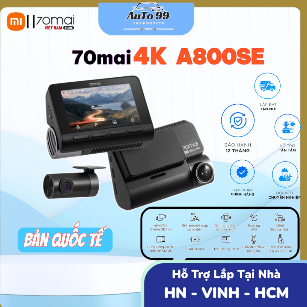 Camera Hành Trình 70mai 4K A800SE All New Ghi Hình 2 Kênh Trước Sau Chất Lượng 4K UHD HDR (Bản Quốc 