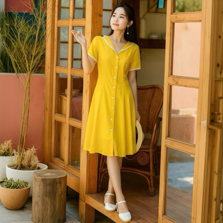 Đầm sơ mi vàng viền ren thắt eo phong cách hàn quốc (kèm hình thật)