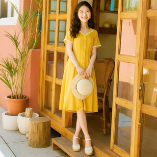 Đầm sơ mi vàng viền ren thắt eo phong cách hàn quốc (kèm hình thật)