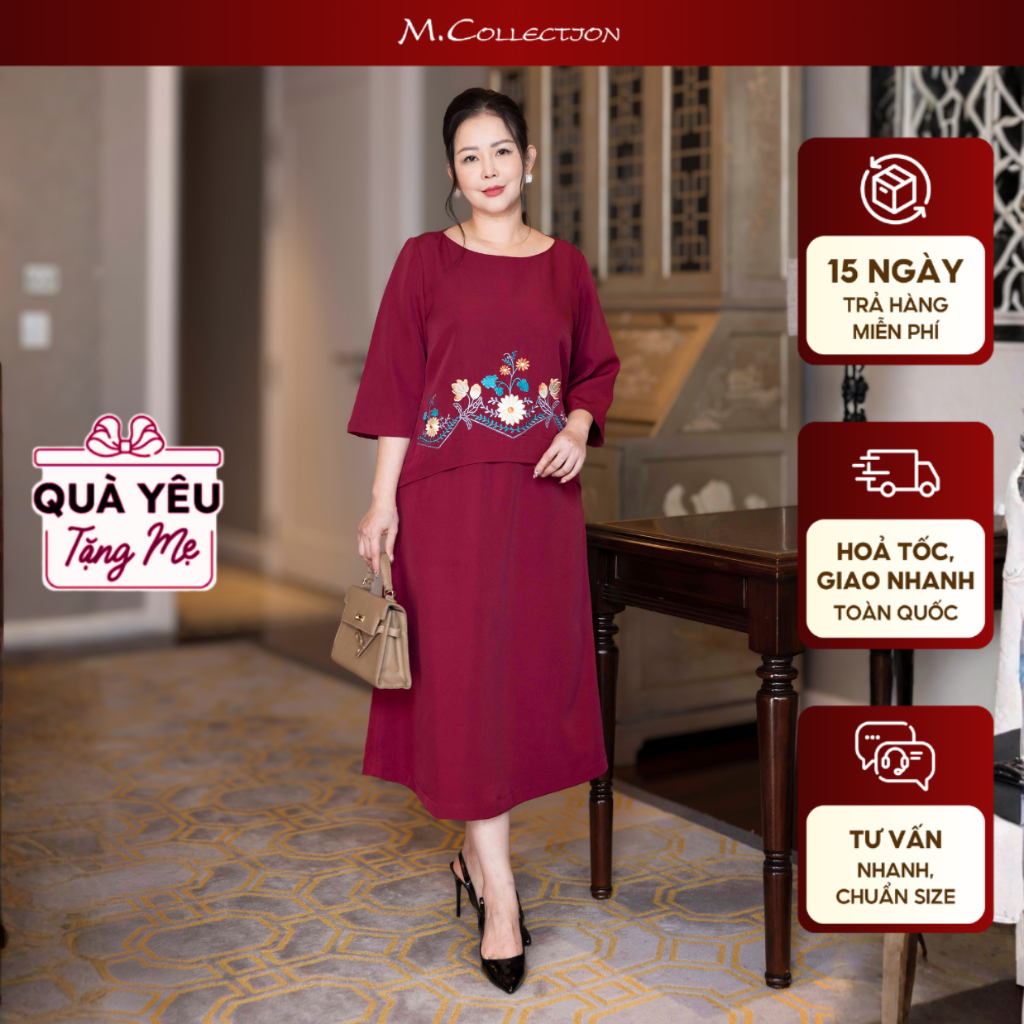 M COLLECTION | Váy Đầm Nữ Trung Niên Tặng Mẹ Phom Suông Vải Lụa Dày Thêu Hoa Tay Lỡ Cổ Tròn D13133
