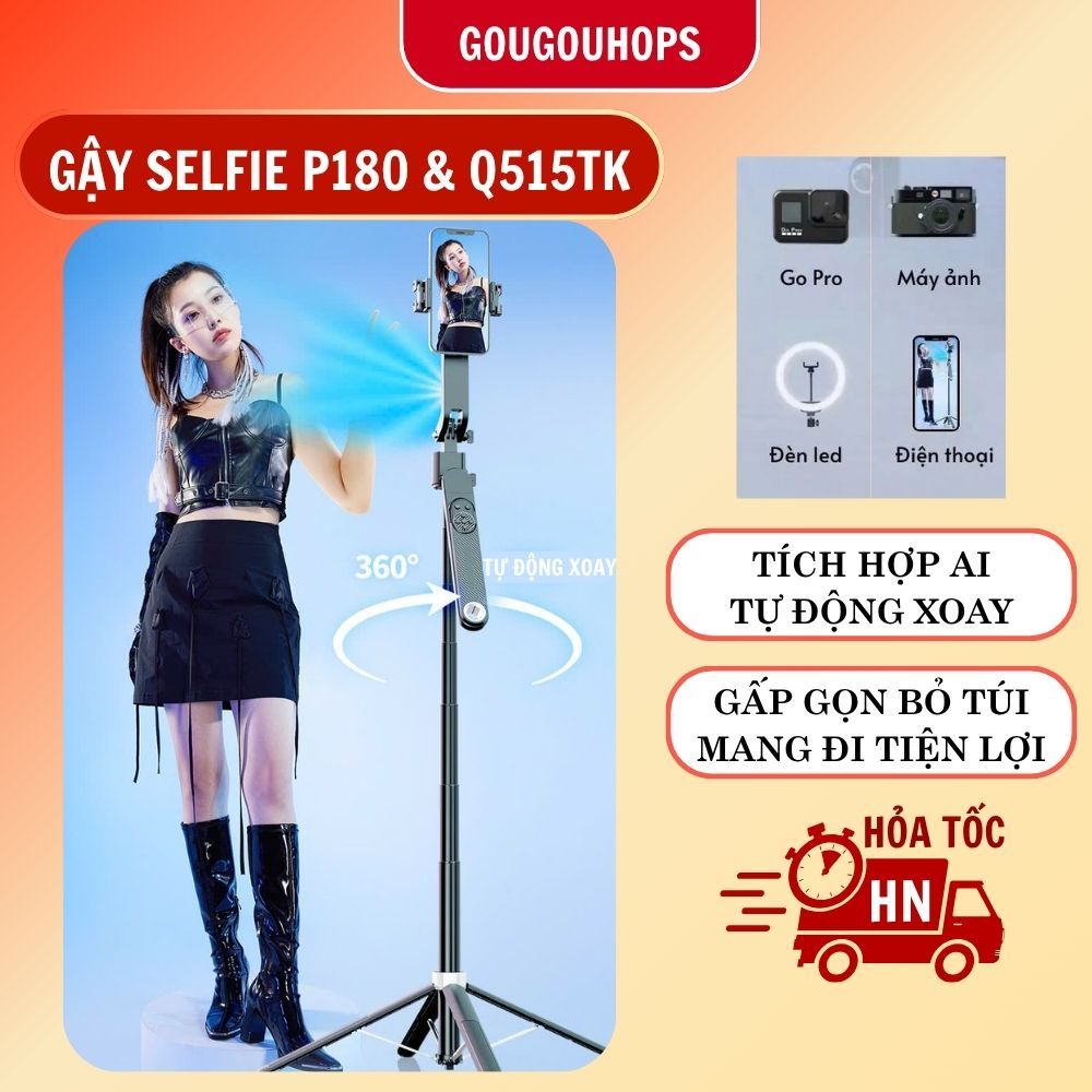 Gậy Chụp Hình Tự Sướng P180 + Q515TK – Tripod 3 Chân Gấp Gọn 35cm, Cao Tối Đa 1m8, Remote Bluetooth 