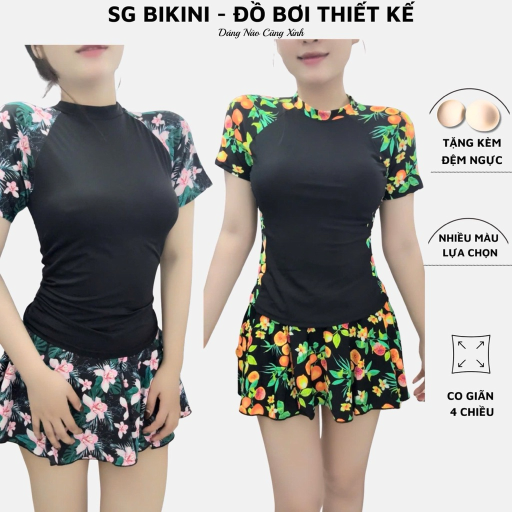 Bộ bơi tay ngắn SG Bikini cho mẹ và bé tay ngắn kèm váy hoạ tiết hoa du lịch biển và bôi lội