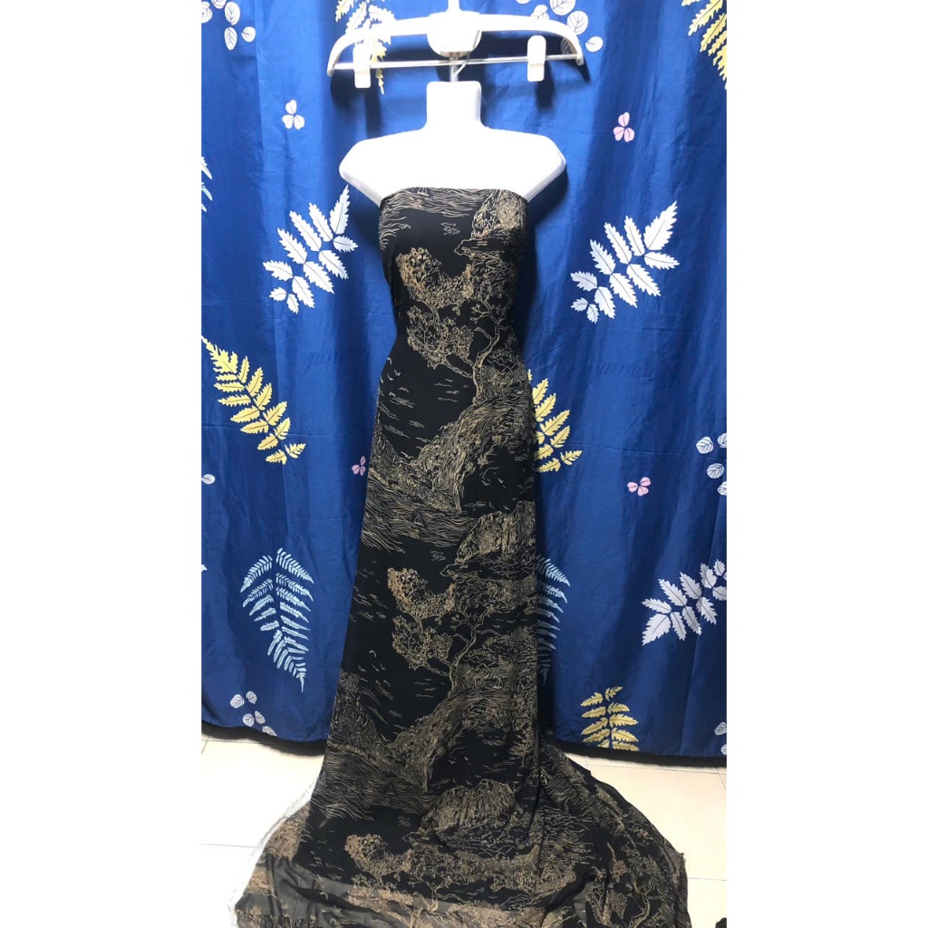 B340 - Vải Voan tơ hoạ tiết Sơn Thuỷ (3m x 1.5m), co dãn