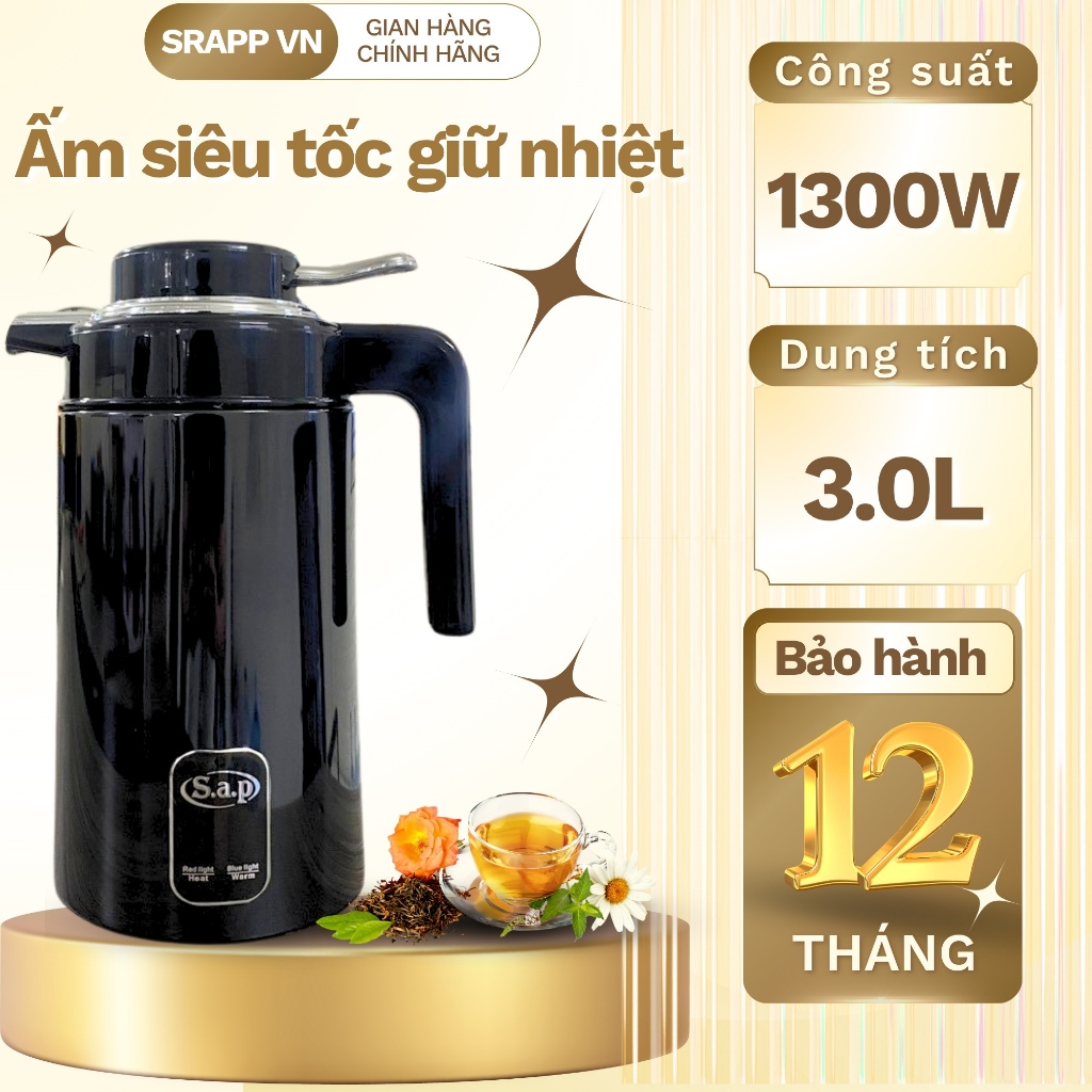 Ấm siêu tốc giữ nhiệt Sap dung tích 3L, công suất lớn 1500W sôi nhanh bảo hành 12 tháng.