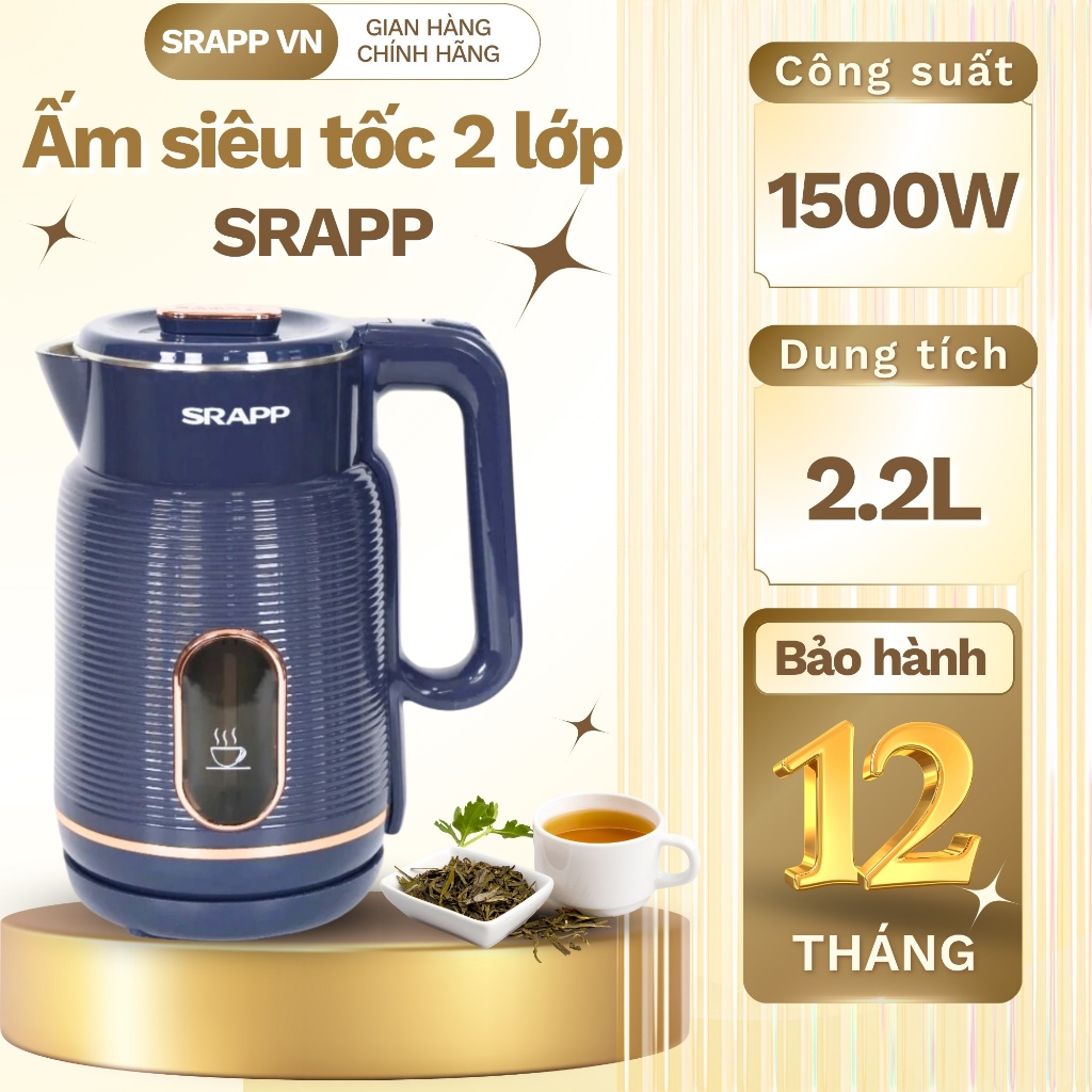 Ấm siêu tốc SRAPP ST-255, dung tích 2.2L, công suất 1500W tự động ngắt khi sôi, bảo hành 12 tháng.