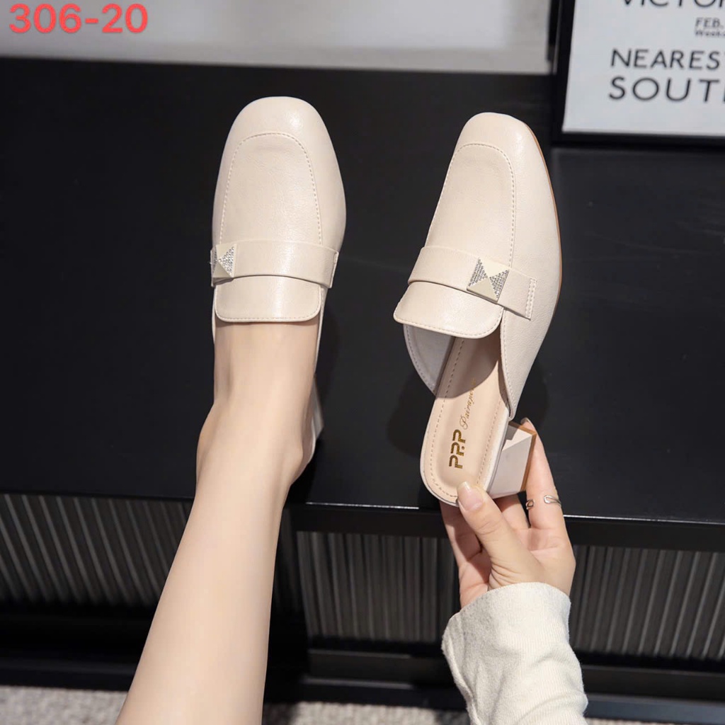 Giày sục nữ cao gót mũi vuông gót vuông cao 5 phân, da mềm phong cách thời trang công sở