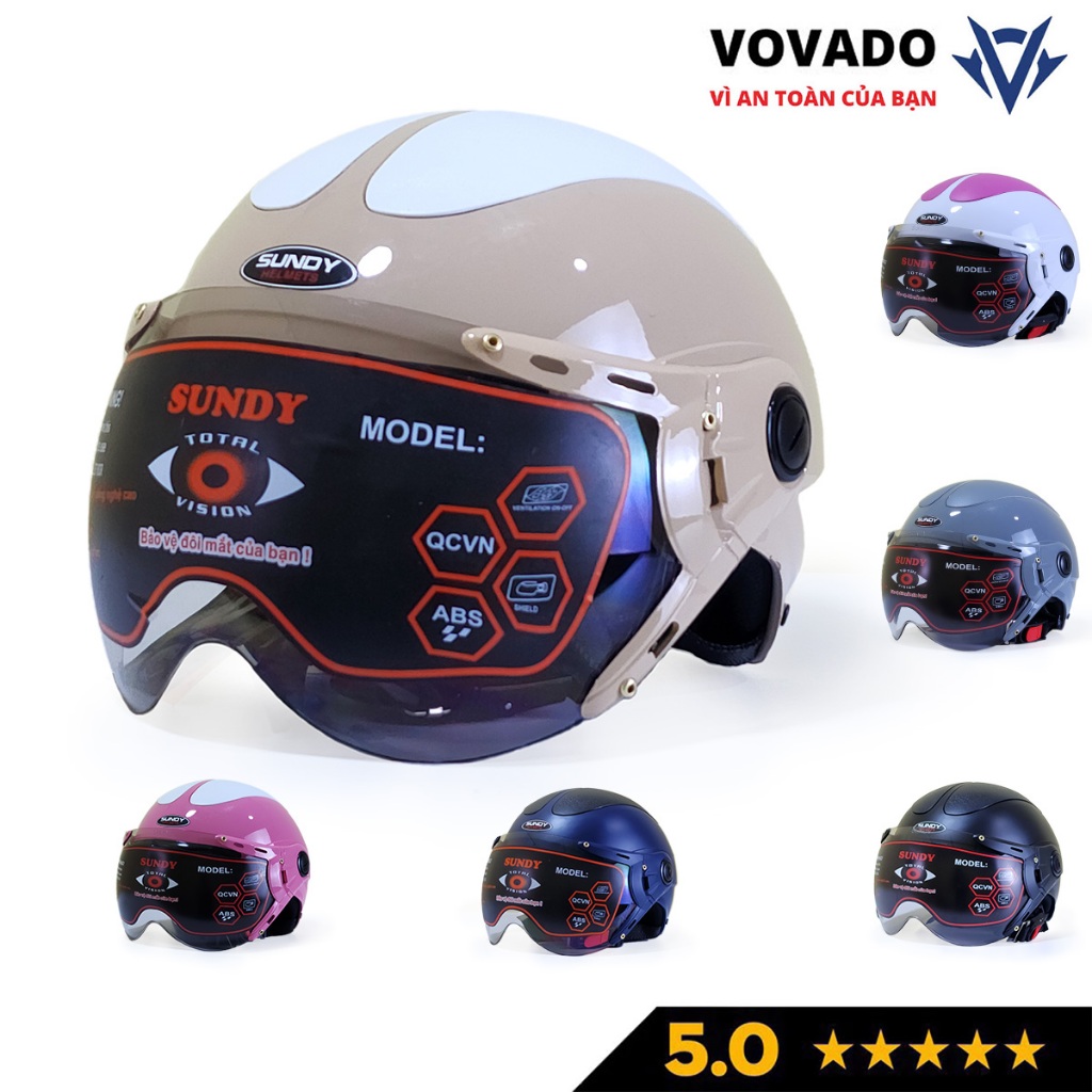 Mũ bảo hiểm nửa đầu có kính SUNDY HP5K, freesize 54-58cm, an toàn, thời trang, phù hợp cả nam và nữ