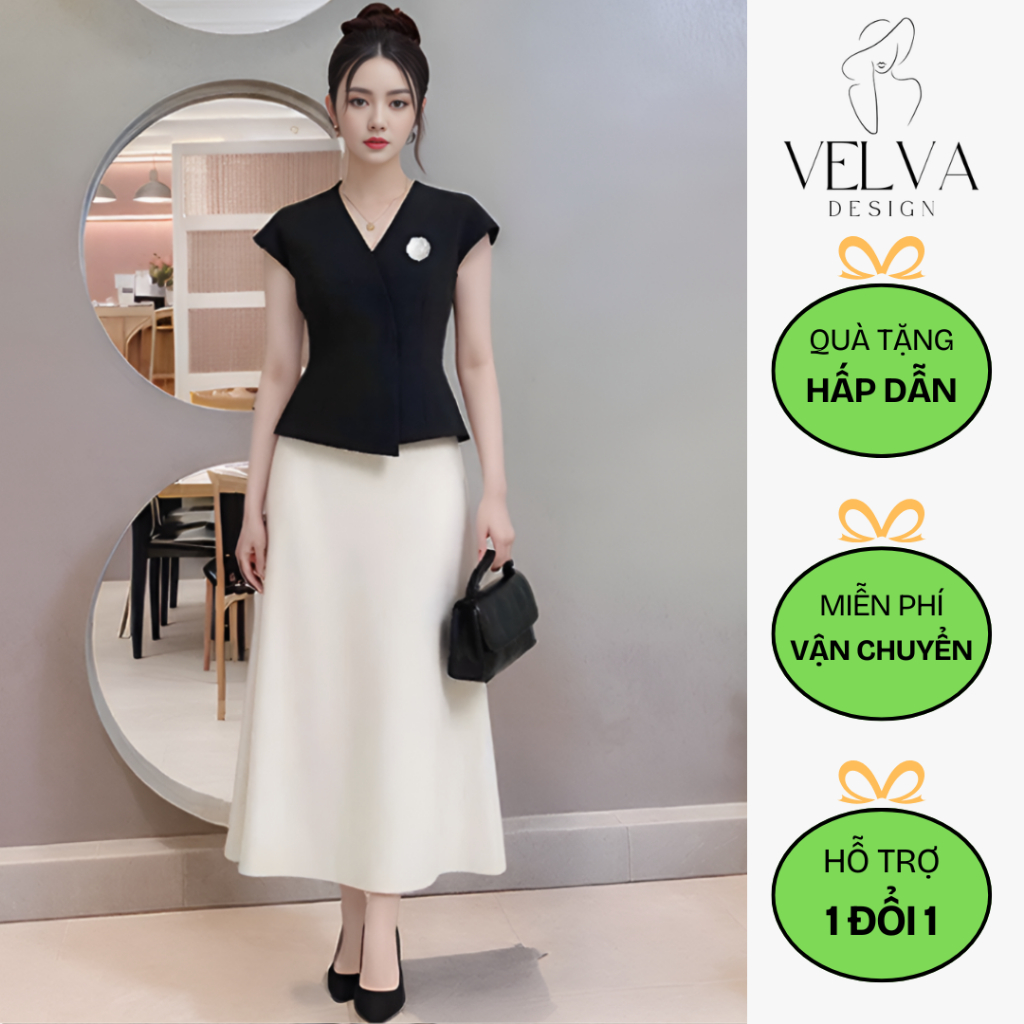 SÉT BỘ CÔNG SỞ NỮ ÁO VEST NGẮN TAY PHỐI CHÂN VÁY XOÈ FORM ĐẸP - [VT250811H]