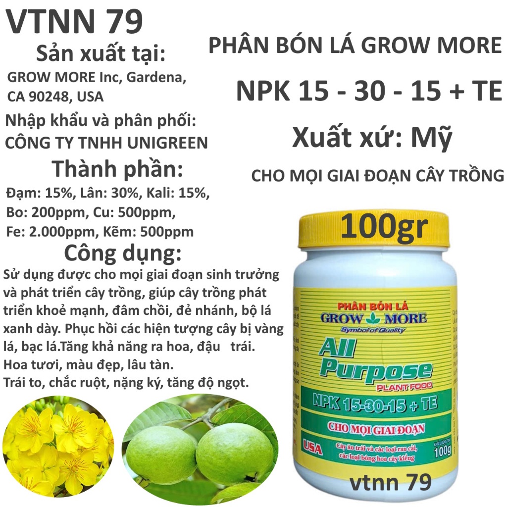 15 30 15 + TE GROW MORE HỘP 100G , XANH CÂY, TỐT LÁ, RA HOA, ĐẬU QUẢ