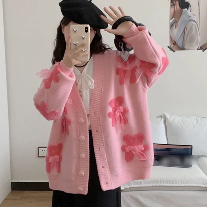 Áo khoác len cardigan hình gấu nơ QC TOMBI SHOP  B