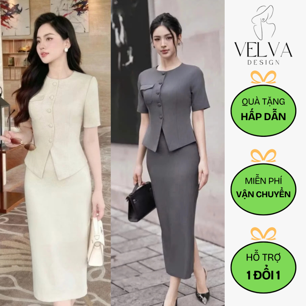 SÉT BỘ CÔNG SỞ NỮ ÁO VEST TAY NGẮN PHỐI VÁY DÀI – SANG TRỌNG, FORM ĐẸP - [VT24246H]