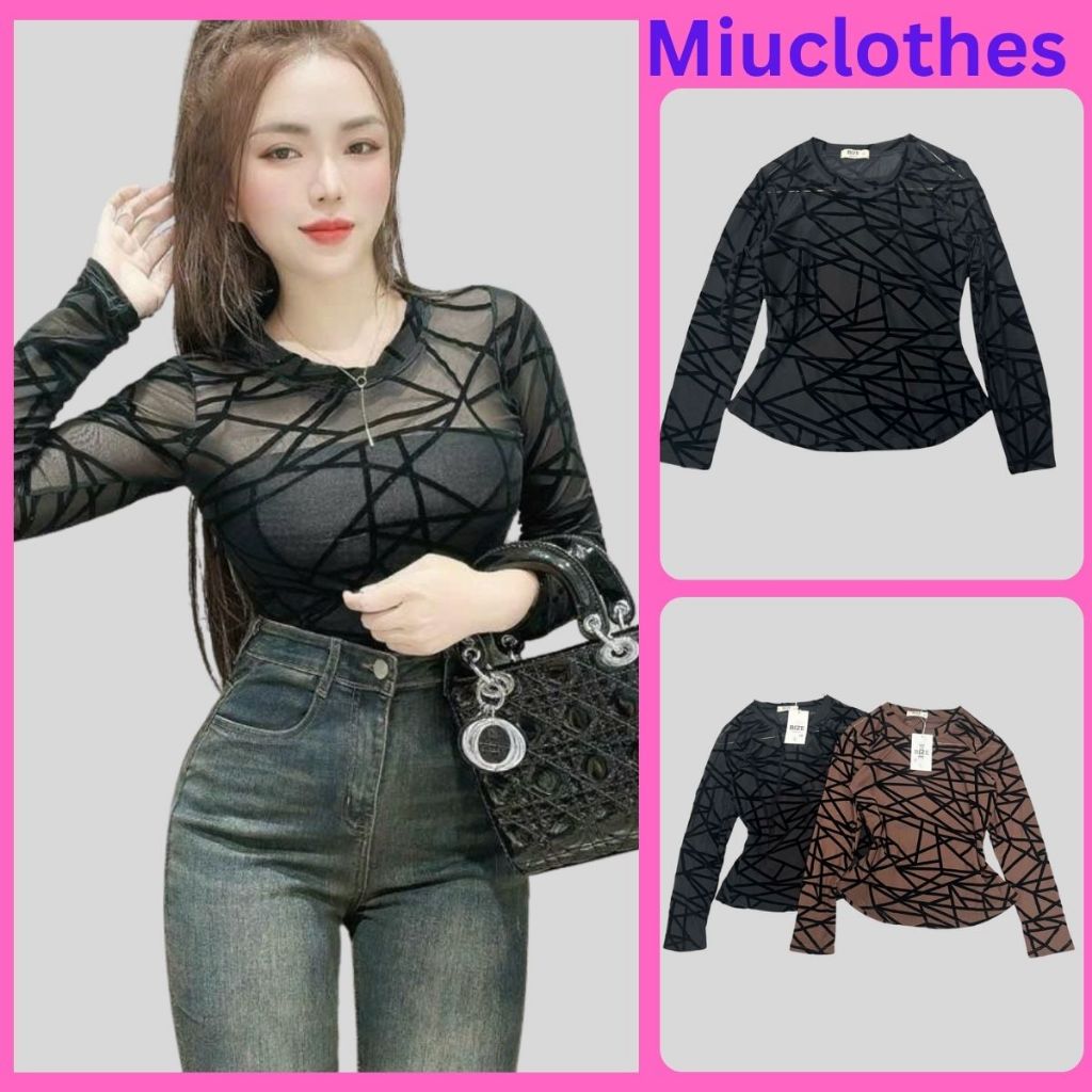 Áo Thun Nữ Bigsize Áo Lưới Tay Dài Chất Lưới Phối Viền Nhung Ms 206 55-85 Ký. By MiuClothes.