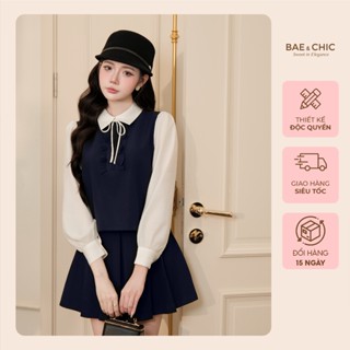  Set váy áo kiểu tiểu thư cổ sơ mi tay bồng Bae Chic áo dáng suông phong cách Hàn Quốc AB128 
