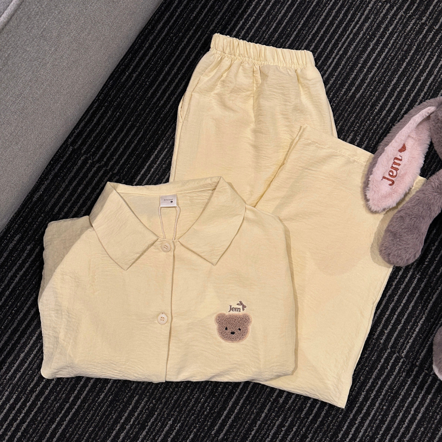 [Premium] [Jemcloset] Set bộ dài quần dài + áo tay ngắn bộ đồ ngủ form rộng chất vải Đũi Hàn mịn PER