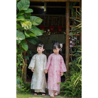  Áo dài bé gái KHÁNH AN 2 màu kem hồng tôn da - Áo dài NÉT VIỆT - Tơ dệt hoa tỉ mỉ mềm mại 4 tà diện Tết 2026 siêu xinh 